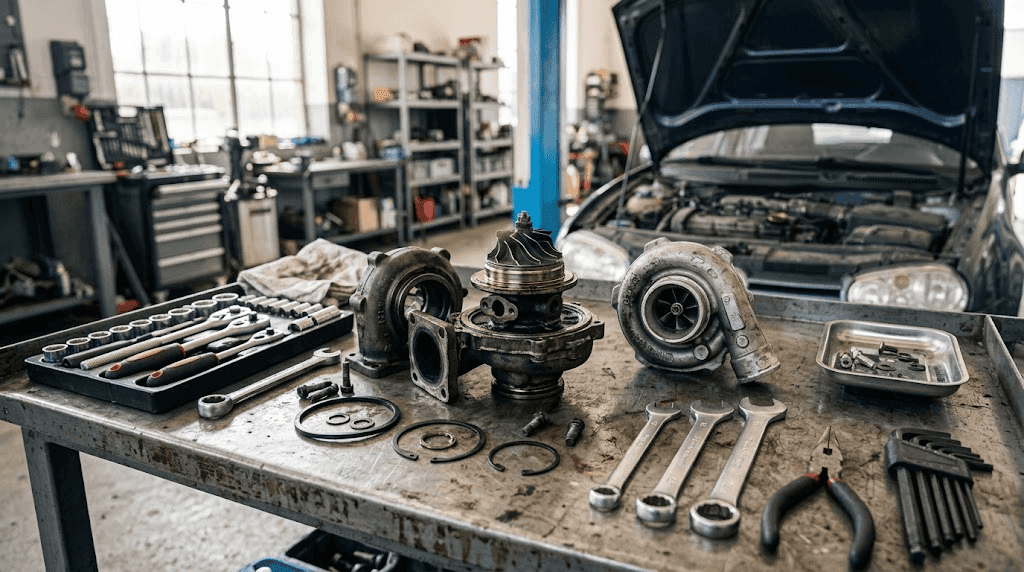 Cuánto cuesta cambiar un turbo: pieza sobre un banco de taller