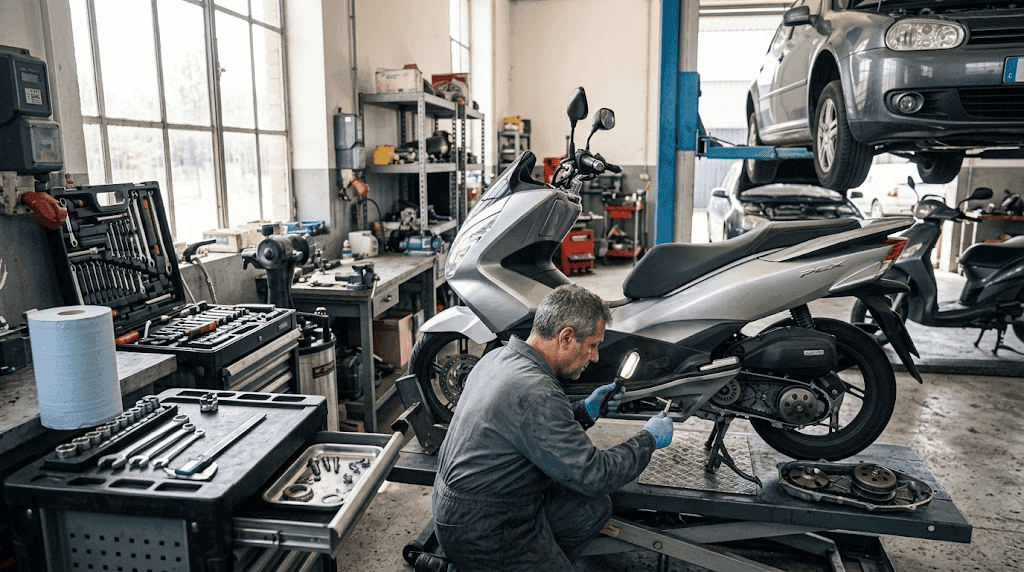 Fallos Honda PCX 125: scooter en revisión en un taller