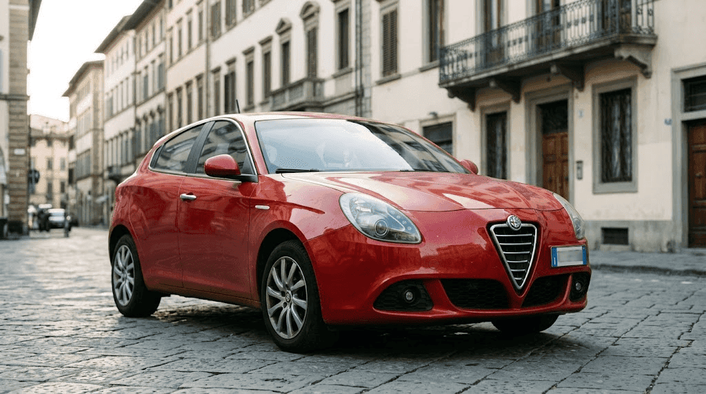 Revisión Alfa Romeo Giulietta: compacto rojo aparcado en una calle antes de pasar por el taller