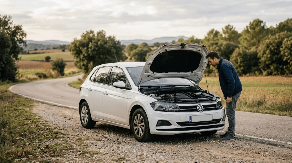 VW Polo pierde potencia: coche detenido en el arcén con el capó abierto