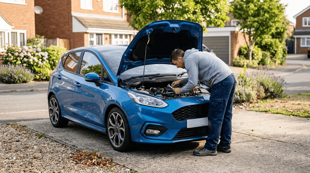 Ford Fiesta no arranca: revisando el motor con el capó abierto antes de llamar al taller