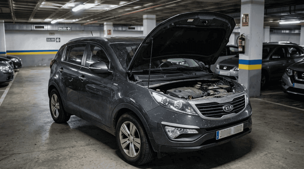 Fallos Kia Sportage: SUV con el capó abierto antes de una revisión