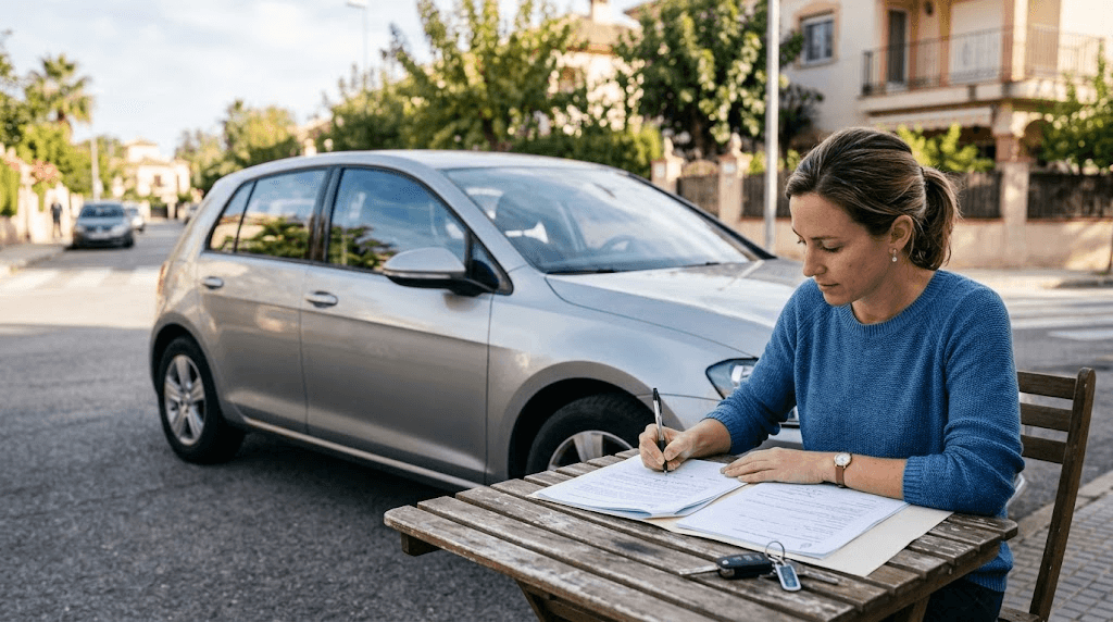 Seguro a terceros o todo riesgo: persona firmando documentos junto a su coche