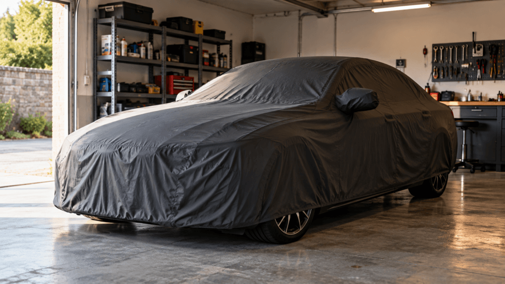 Baja temporal coche dgt: vehículo cubierto y guardado en un garaje privado