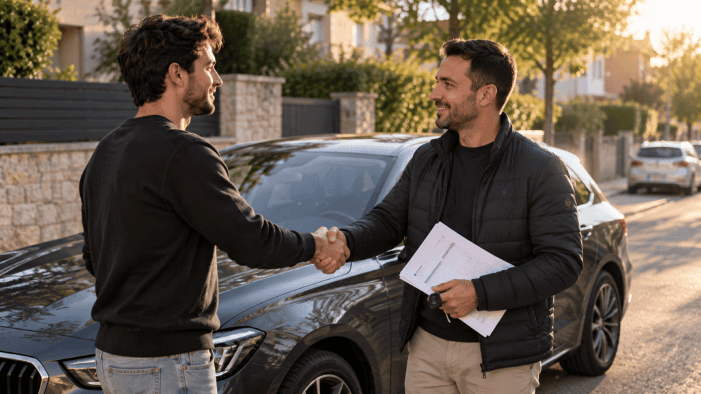 Garantia coche segunda mano particular: comprador y vendedor cerrando el trato junto al coche