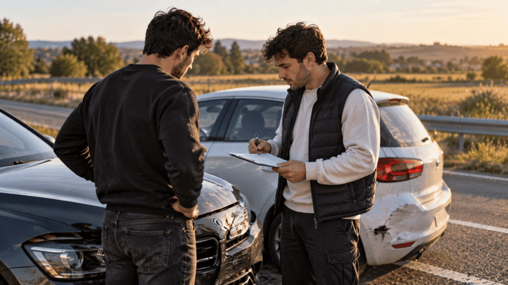 Como rellenar el parte amistoso: dos conductores completando el documento tras un accidente leve