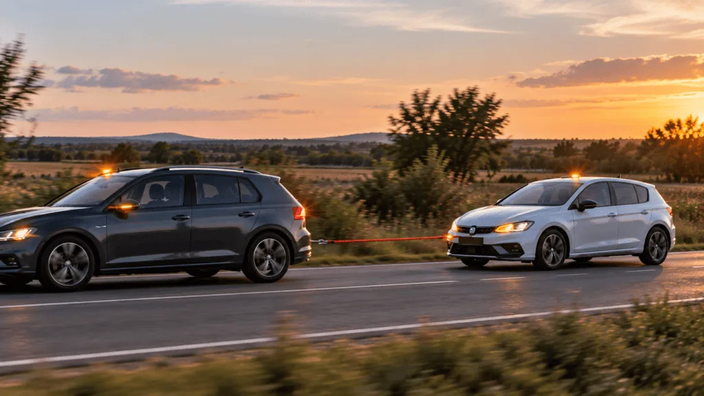 Remolcar un coche legalmente: dos vehículos conectados con cuerda de remolque y luces de emergencia