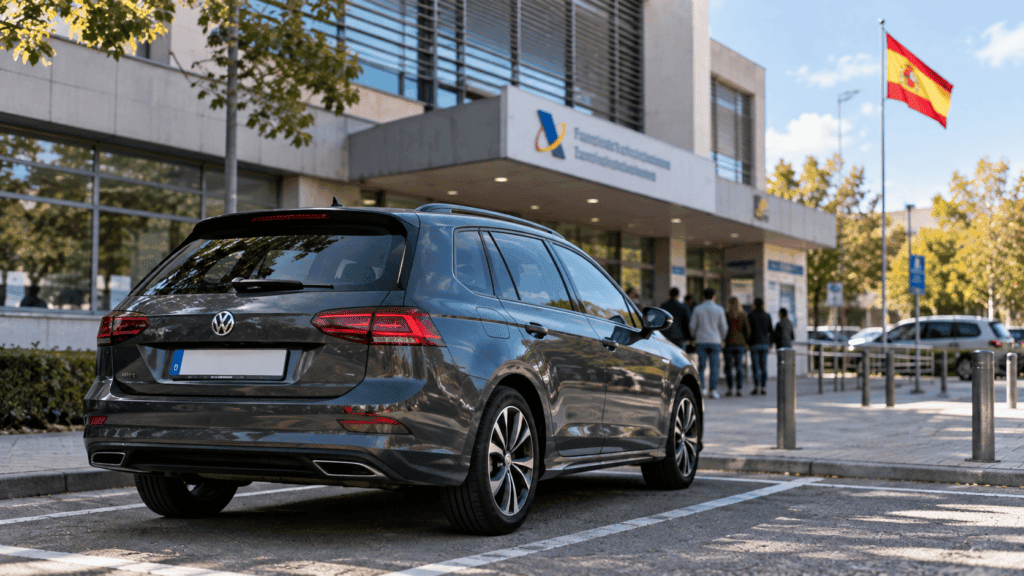 Matricular coche importado union europea: vehículo con matrícula extranjera frente a una jefatura de tráfico