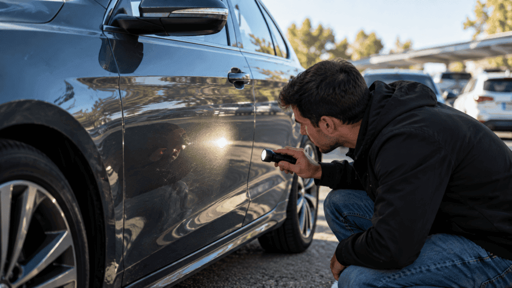 Como saber si un coche ha sido siniestrado: revisando la pintura de la carrocería con luz rasante