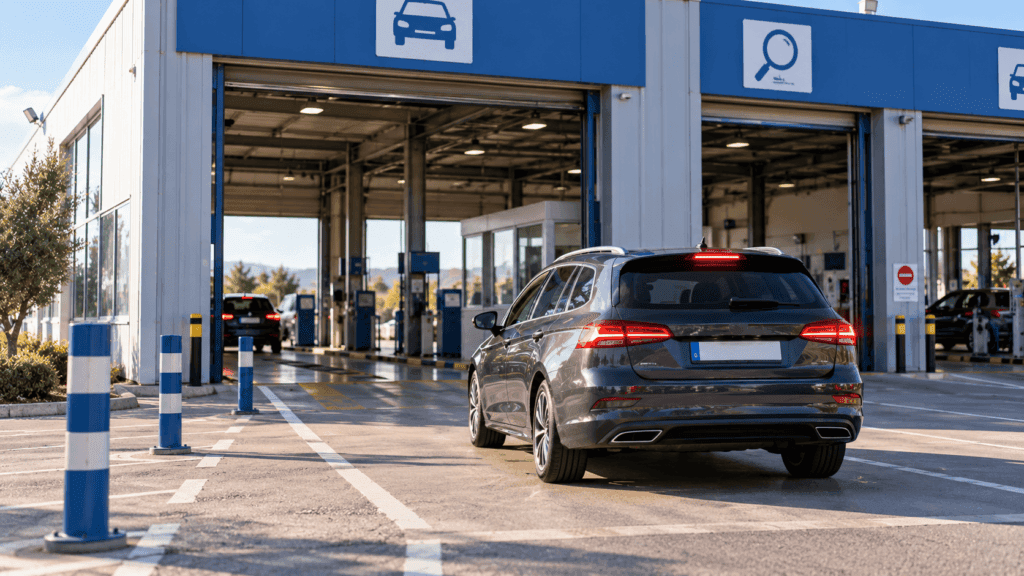Pasar la itv en otra comunidad: coche entrando en una estación de inspección técnica