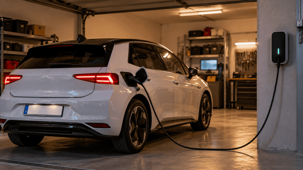 Cuanto cuesta cargar un coche electrico: coche eléctrico conectado a un wallbox en un garaje doméstico