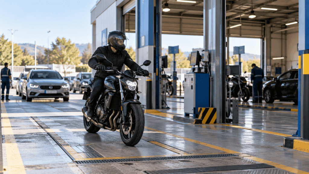 Cada cuanto se pasa la itv de una moto: moto entrando al carril de inspección de una estación