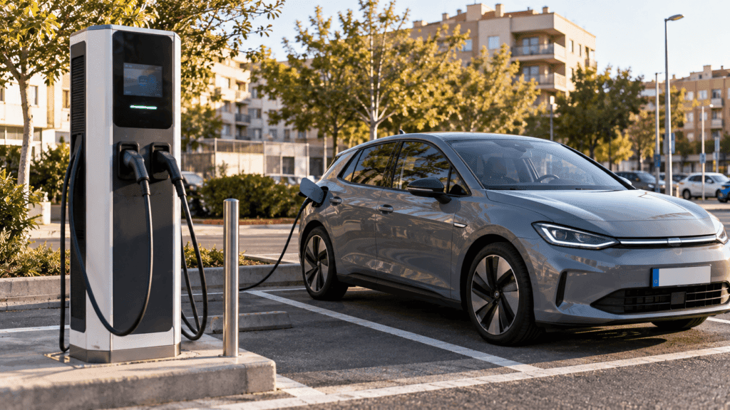 Tipos de conectores coche electrico: poste de carga público junto a un coche eléctrico aparcado