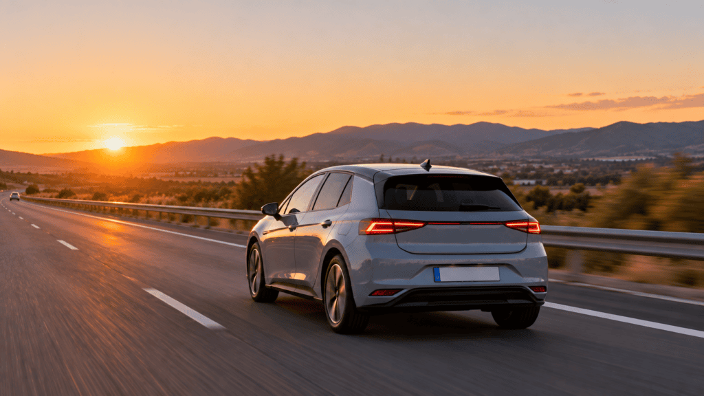 Autonomia real coche electrico: coche eléctrico circulando por una autovía al atardecer