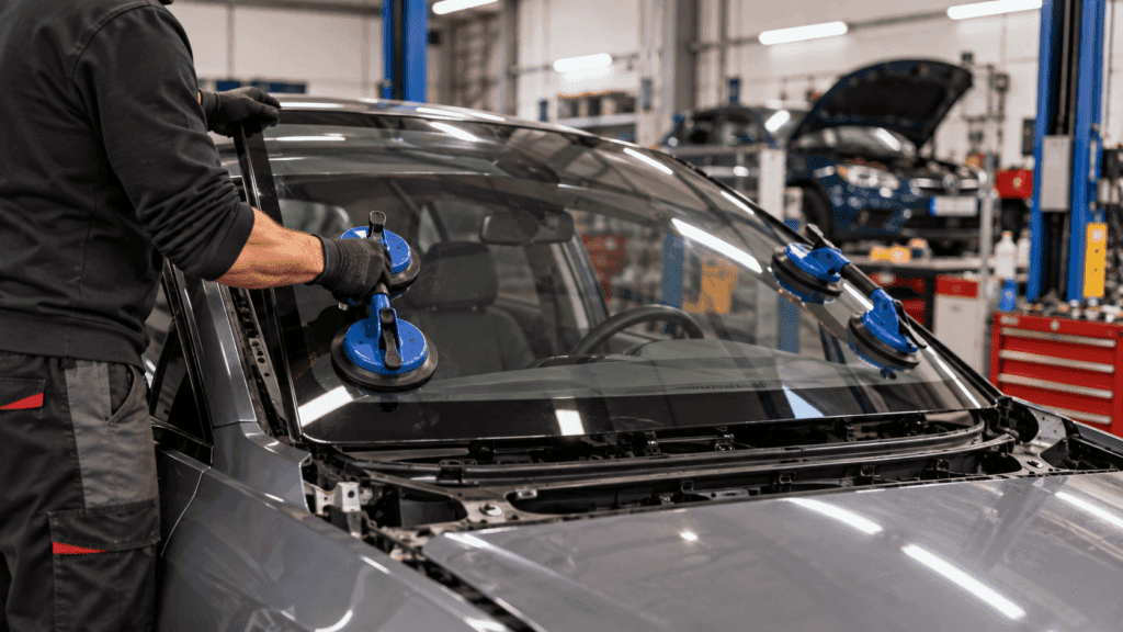 Cuanto cuesta cambiar la luna del coche: técnico sustituyendo el parabrisas de un vehículo en el taller