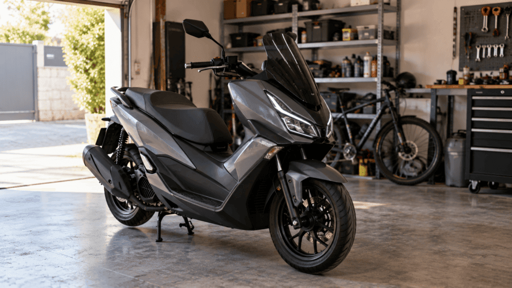 Seguro moto 125 precio: motocicleta scooter aparcada en garaje privado