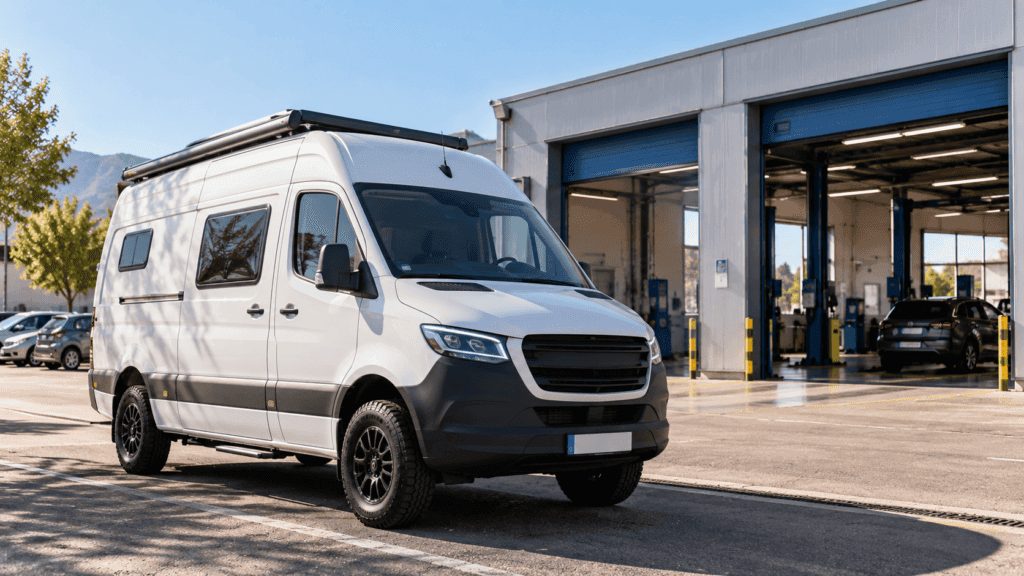 Homologar camper itv: furgoneta camperizada aparcada junto a una estación de inspección técnica