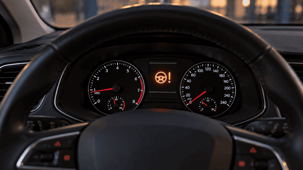 Fallo de la dirección asistida eléctrica: testigo ámbar de dirección encendido en el cuadro de un coche