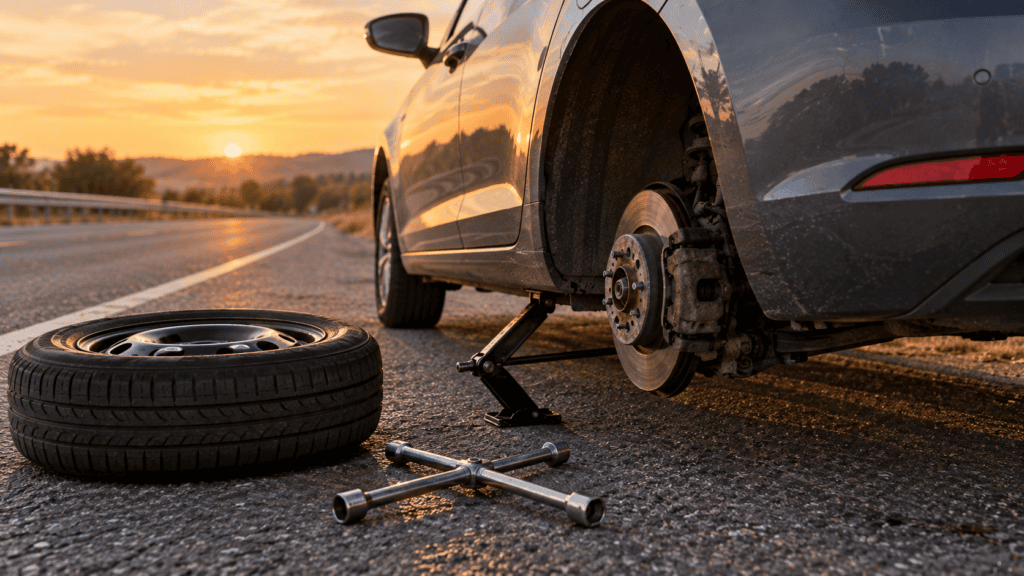 Cómo cambiar una rueda paso a paso: coche elevado con gato y rueda de repuesto junto a la llave de cruz