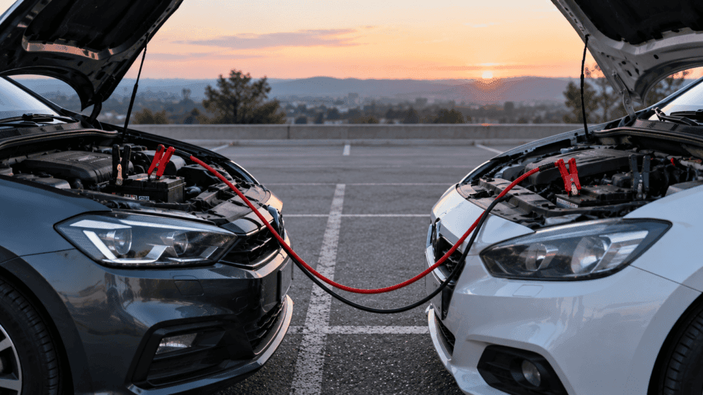 Cómo arrancar un coche con pinzas: cables de arranque conectados entre dos baterías en el vano motor