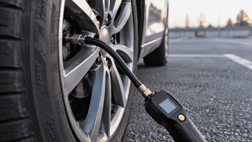 Presión correcta de los neumáticos: manómetro midiendo la presión de una rueda de coche en frío