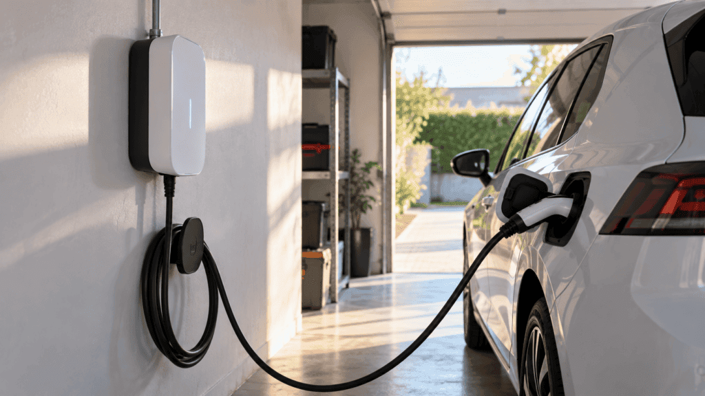 Instalar un punto de recarga en casa: wallbox en la pared de un garaje con el cable conectado a un coche eléctrico