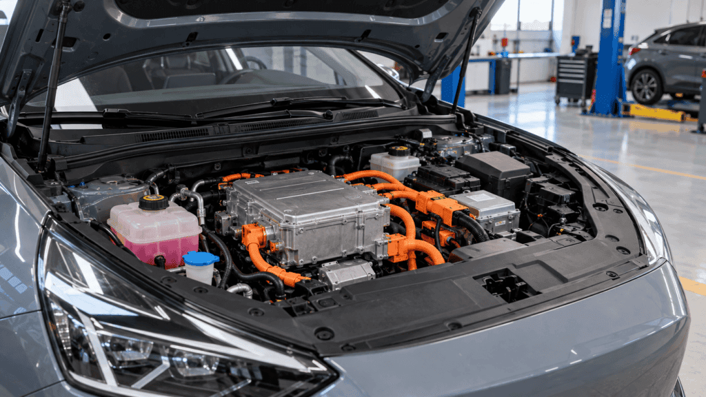 Mantenimiento de un coche eléctrico: cableado naranja de alta tensión bajo el capó de un coche eléctrico en un taller