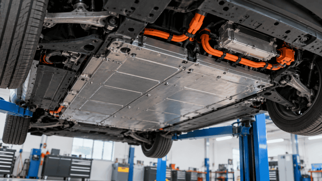Garantía de la batería de un coche eléctrico: carcasa de la batería de alta tensión bajo un coche elevado en un taller
