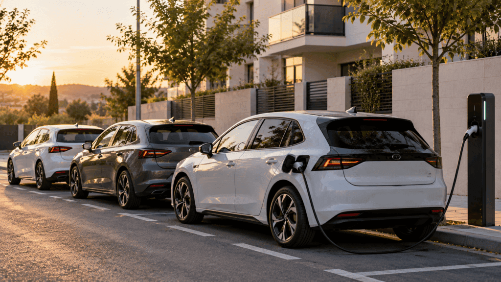 Híbrido enchufable o eléctrico: tres coches compactos aparcados, uno conectado a un punto de recarga