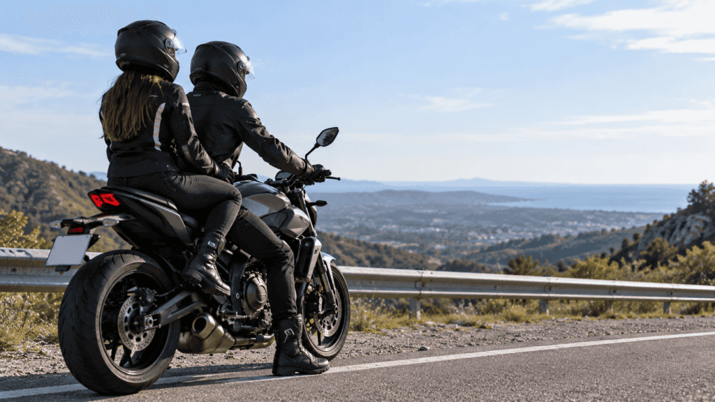 Llevar un pasajero en moto: conductor y pasajero con casco, guantes y calzado cerrado sobre una moto de carretera