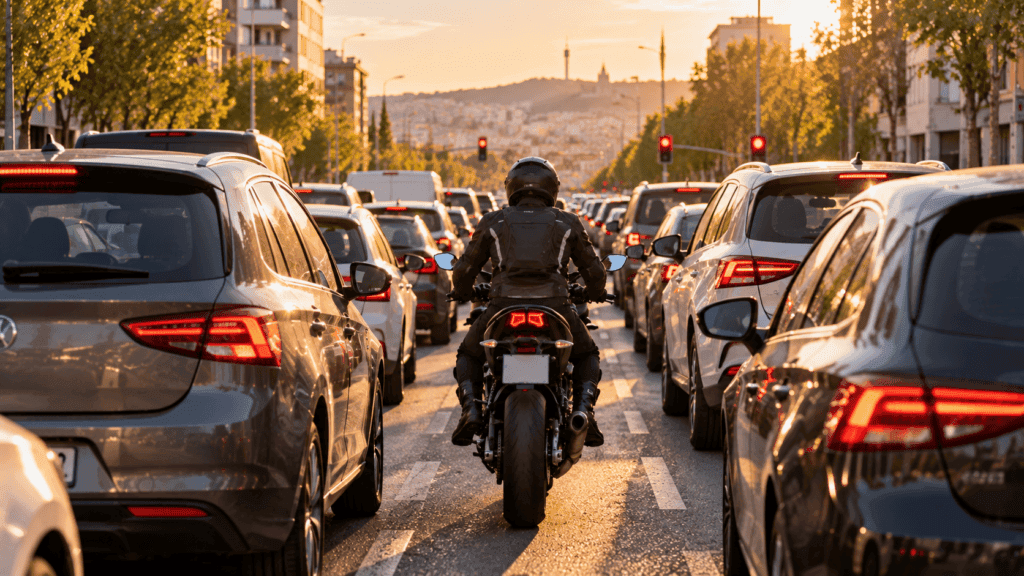 Es legal adelantar entre coches en moto: motorista parado entre dos filas de coches en un atasco