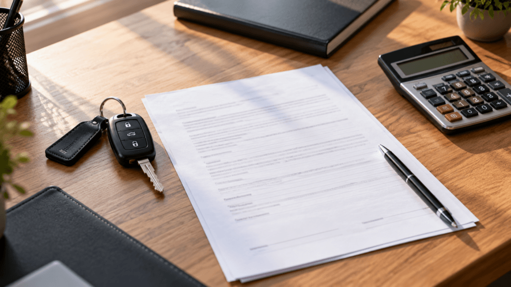 Impuesto de transmisiones de un coche usado: llaves, contrato de compraventa y calculadora sobre una mesa