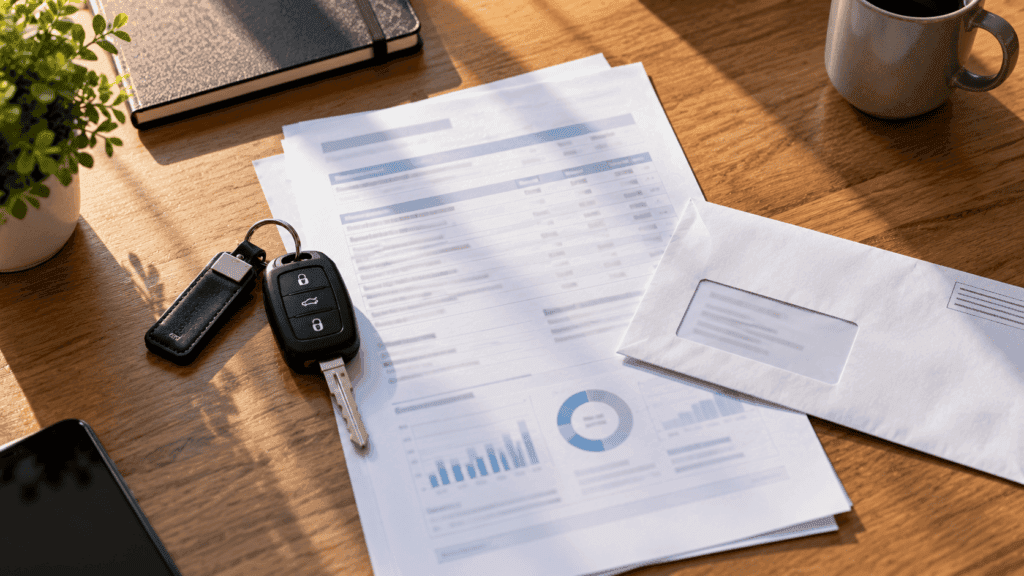 Comprar un coche con multas pendientes: llaves, informe de la DGT y sobre de una multa sobre una mesa