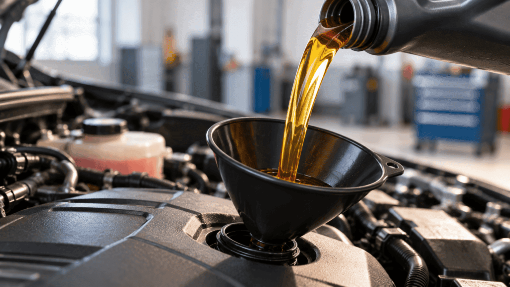 Cuánto cuesta un cambio de aceite: aceite de motor nuevo vertido en el cárter de un coche en un taller