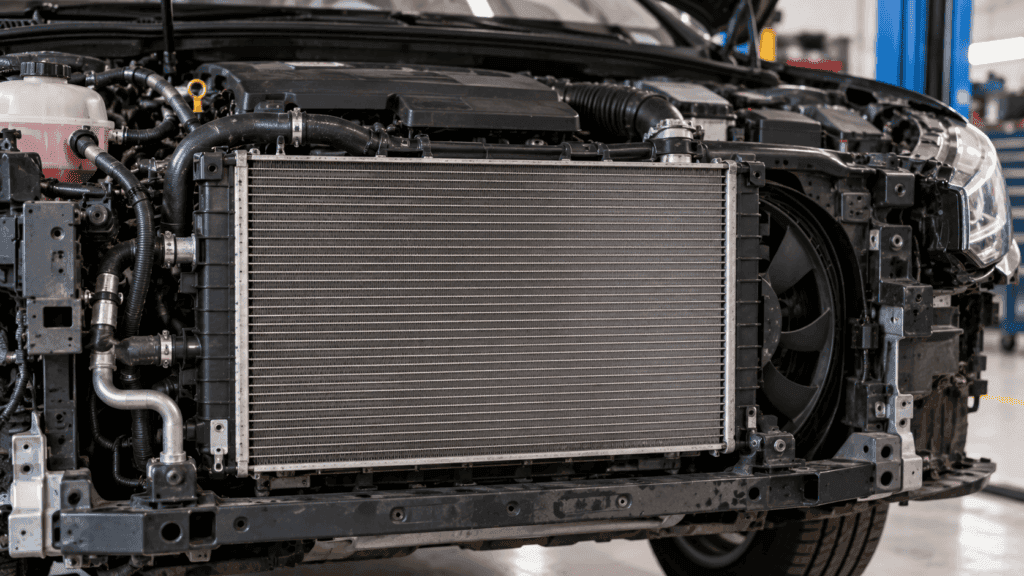 Cuánto cuesta cambiar el radiador: radiador del motor visto de frente en el vano motor de un coche