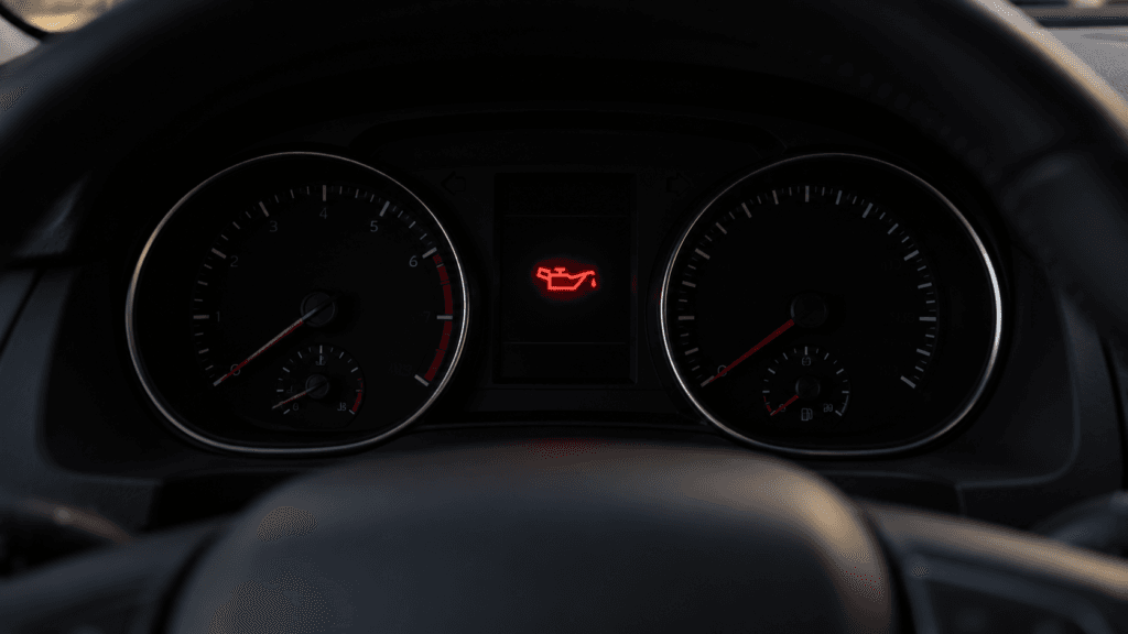 Testigo de presión de aceite encendido: icono rojo de la aceitera iluminado en el cuadro de instrumentos de un coche