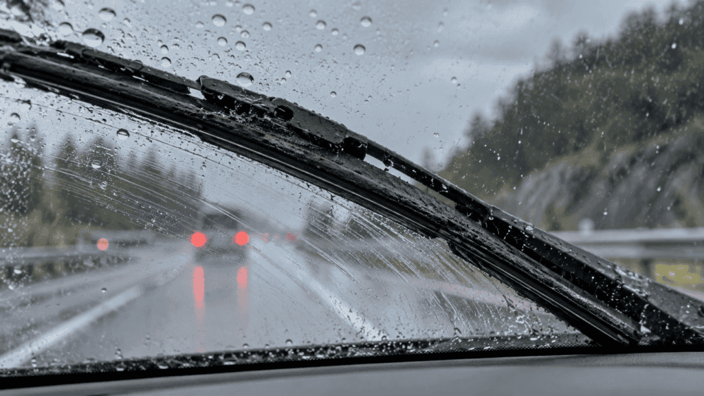 Cuándo cambiar las escobillas del limpiaparabrisas: escobilla desgastada dejando rayas de agua sobre un parabrisas con lluvia