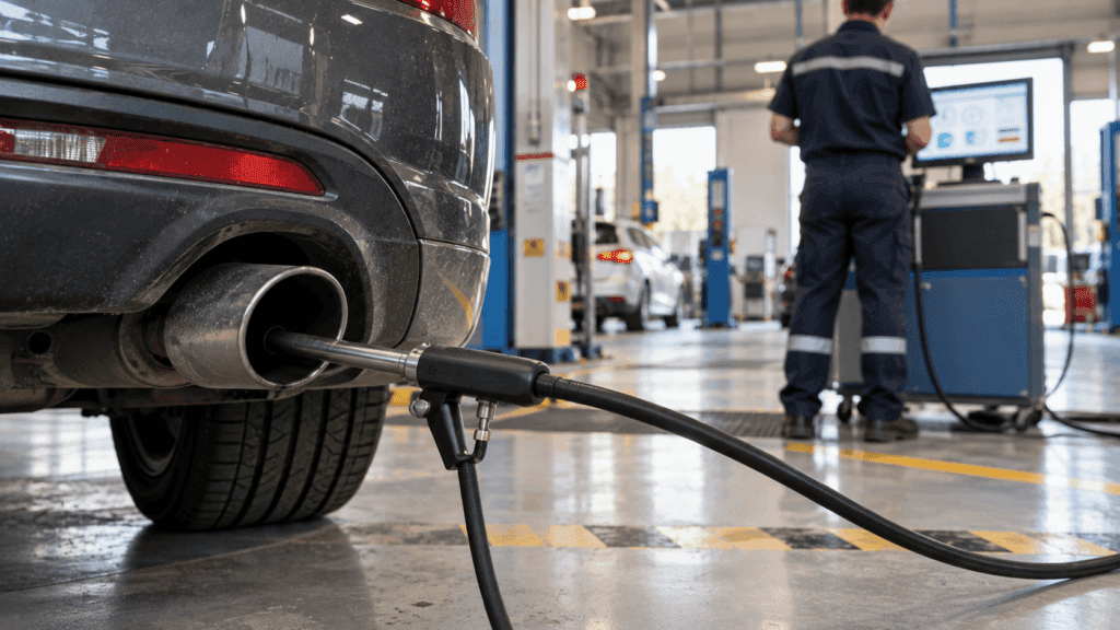 Suspender la ITV por emisiones: sonda de medición de gases introducida en el tubo de escape de un coche en una estación de ITV