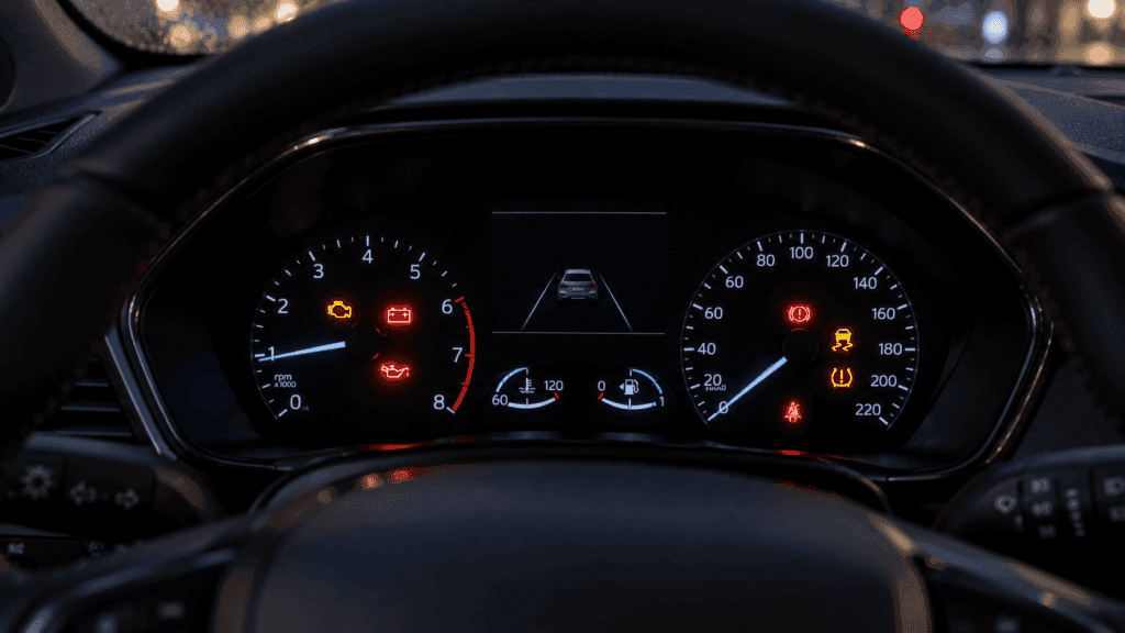 Testigos Ford Puma: cuadro de instrumentos de un Ford Puma con varios testigos iluminados