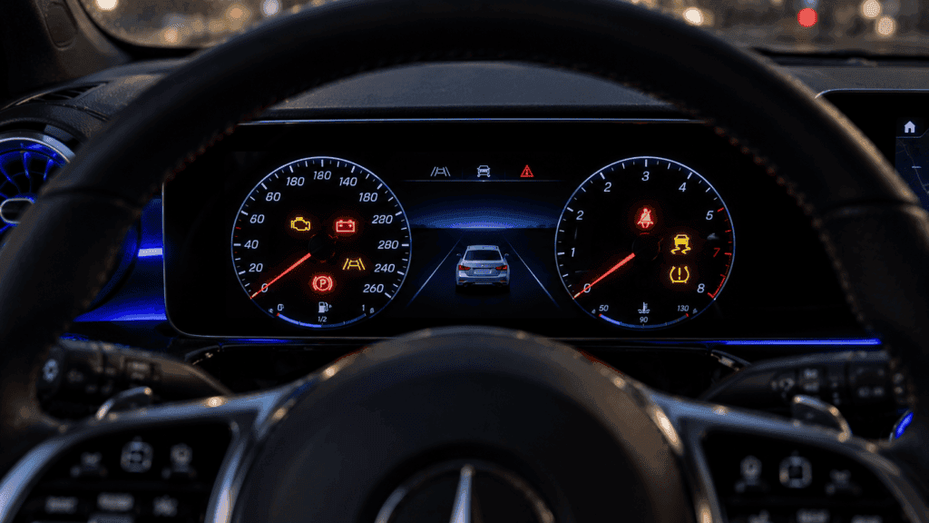 Testigos Mercedes Clase A: cuadro de instrumentos digital de un Mercedes Clase A con varios avisos iluminados