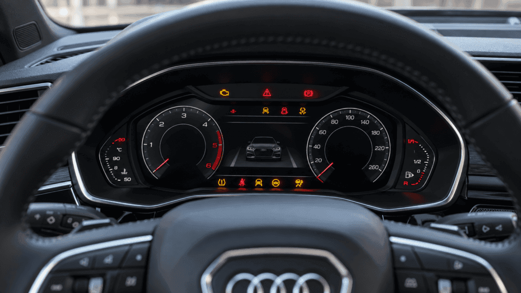 Testigos Audi Q3: cuadro de instrumentos de un Audi Q3 con varios testigos iluminados