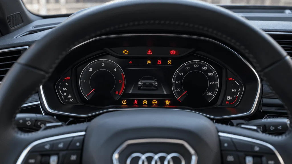 Testigos Audi Q3: cuadro de instrumentos de un Audi Q3 con varios testigos iluminados