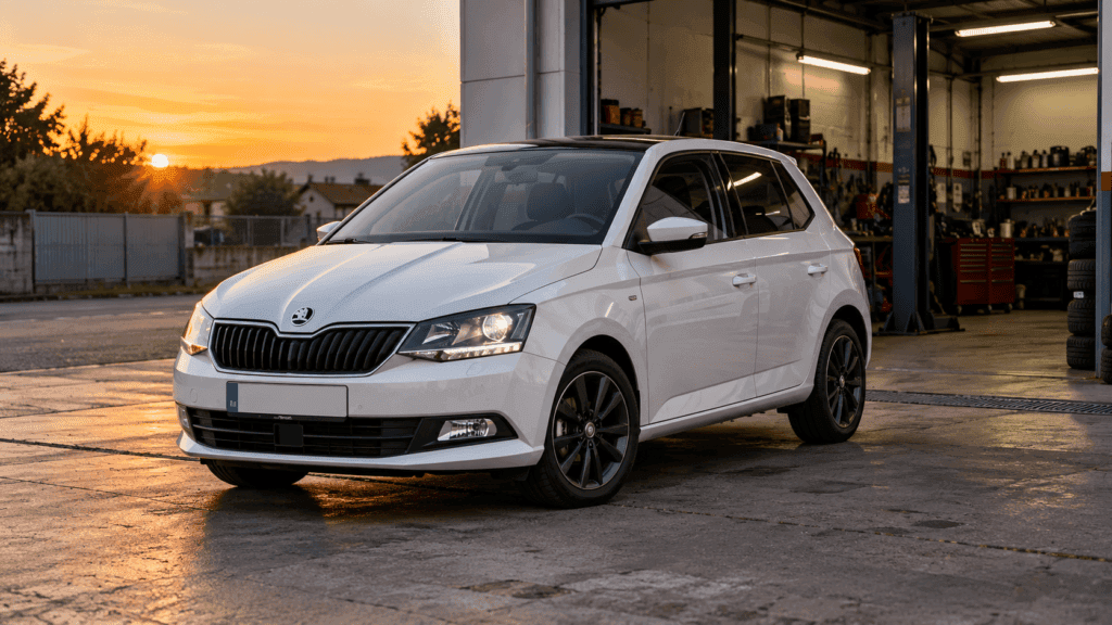 Testigos Skoda Fabia: un Skoda Fabia blanco aparcado junto a un taller mecánico al atardecer