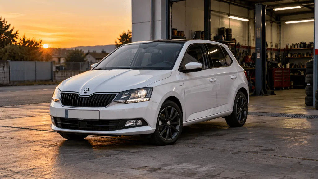 Testigos Skoda Fabia: un Skoda Fabia blanco aparcado junto a un taller mecánico al atardecer