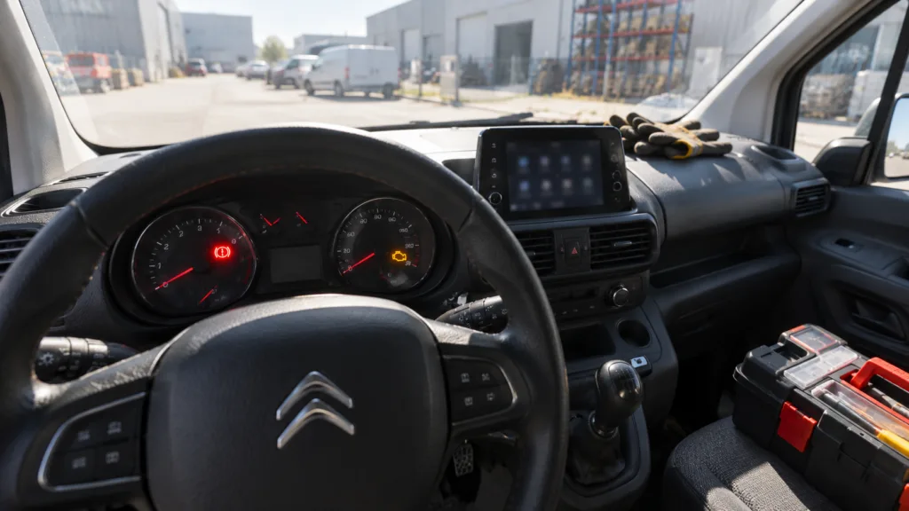 Testigos Citroën Berlingo: cuadro de un Citroën Berlingo de trabajo con el STOP y el aviso de AdBlue encendidos