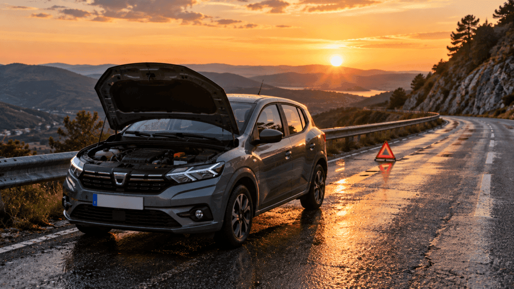 Dacia Sandero pierde potencia: un Dacia Sandero gris con el capó abierto en el arcén de una carretera de montaña