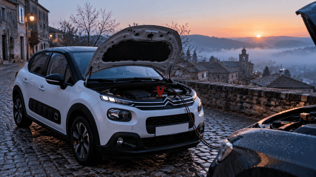 Citroën C3 no arranca: un Citroën C3 blanco con el capó abierto y las pinzas de arranque conectadas en una calle al amanecer