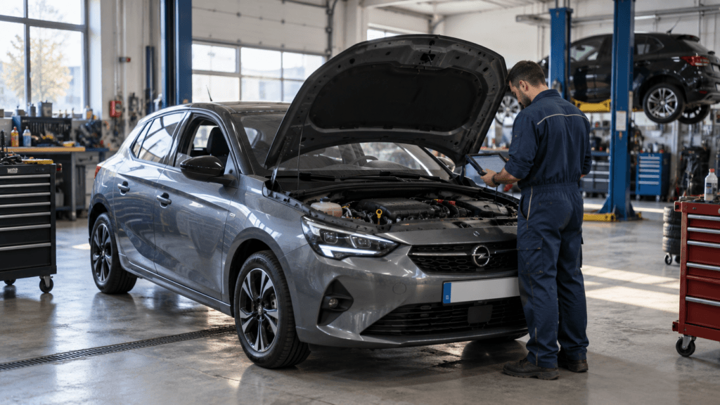 Opel Corsa da tirones: mecánico revisando el motor en el taller
