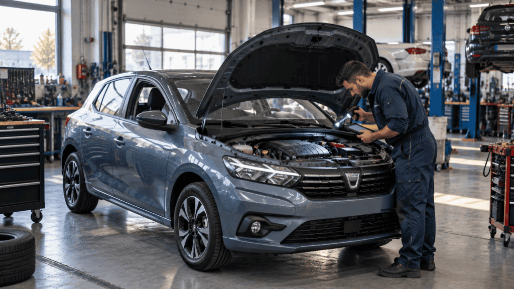 Fallos Dacia Sandero: mecánico revisando un Sandero en el taller