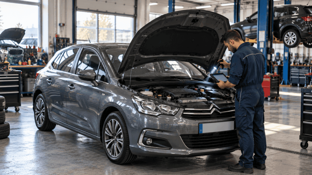 Fallos Citroën C4: mecánico revisando un Citroën C4 en el taller